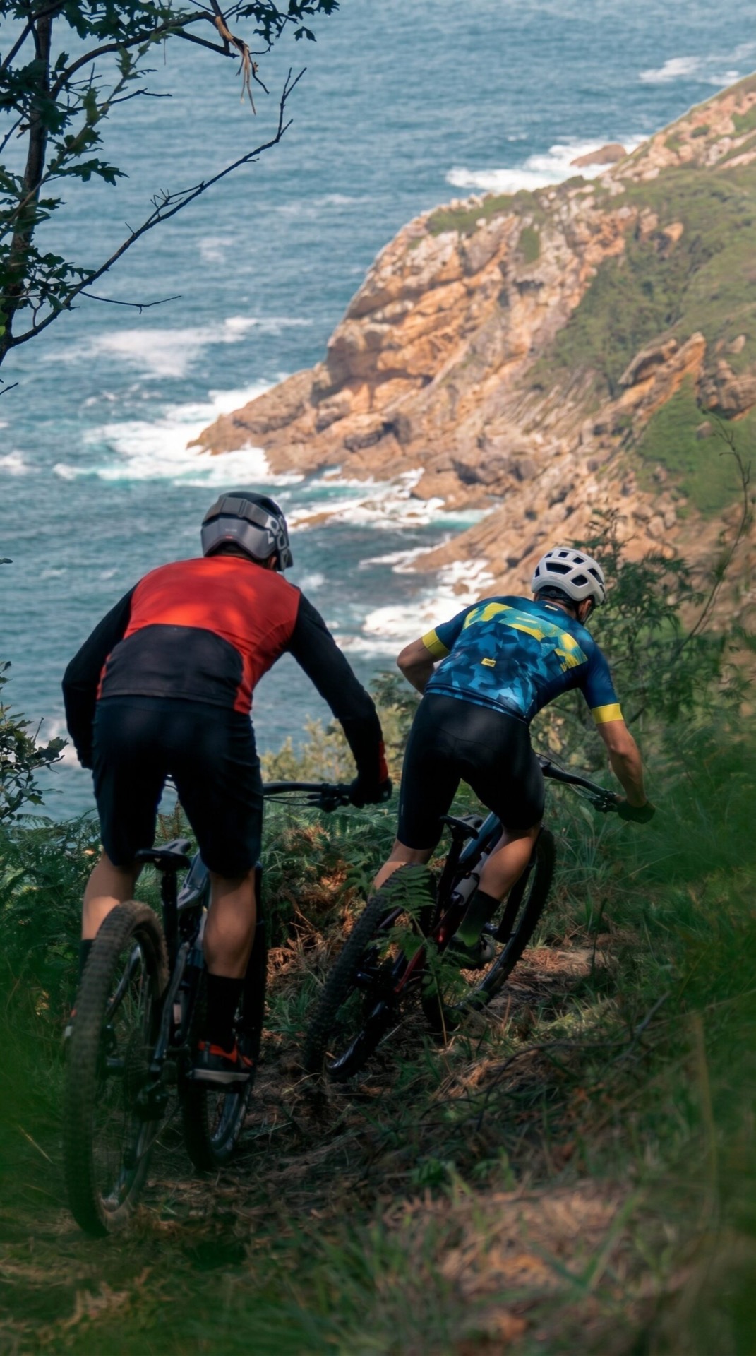 Grupo bajando en MTB por un sendero costero de Gipuzkoa