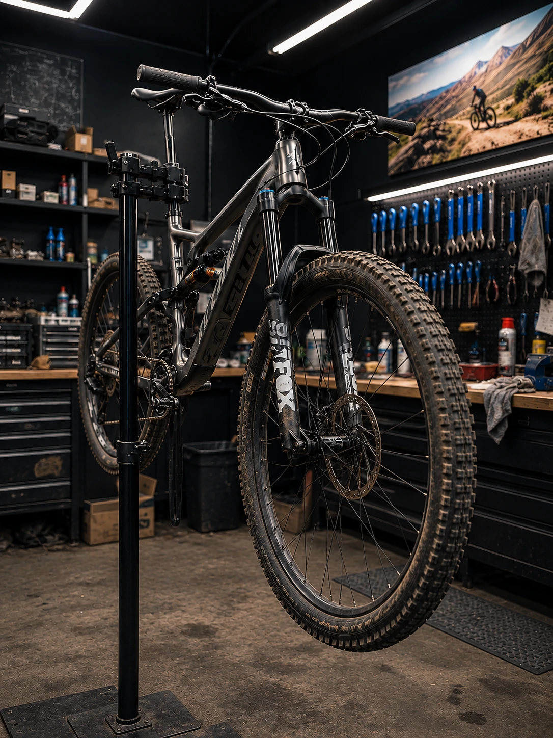 Bicicleta de montaña en el banco de reparación del taller Xtreme Donostia